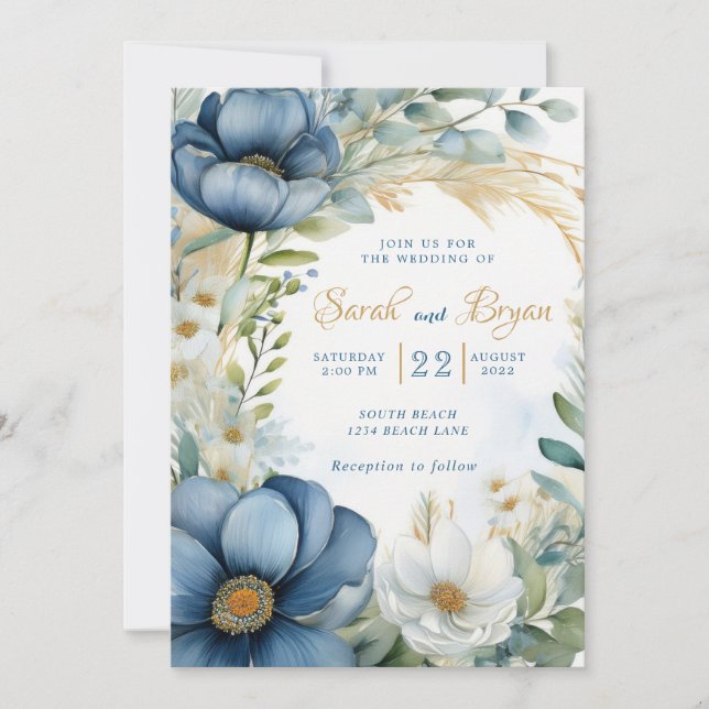 Poppy Blue White Floral Boho Hochzeit Einladung (Vorderseite)