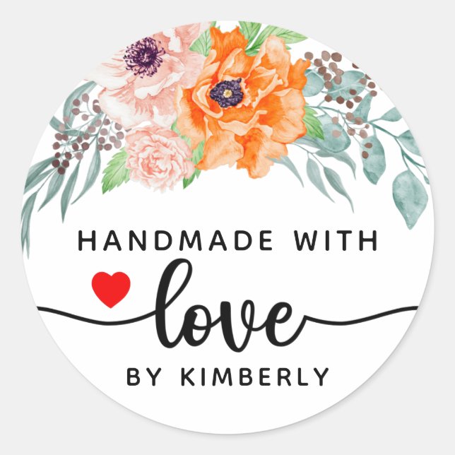 Poppy Blume Handmade mit Liebe Runder Aufkleber (Vorderseite)