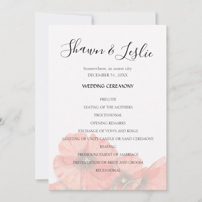 Poppy Blume Hochzeitsprogramm Einladung (Vorderseite)