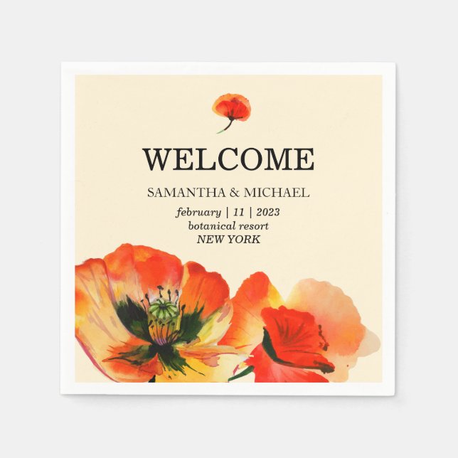 Poppy Blume Red Beige Classic Wedding Serviette (Vorderseite)