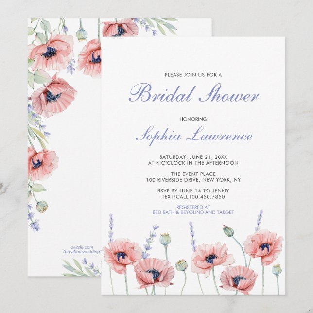 Poppy Blume Wedding Bridal Dusche Einladung (Vorne/Hinten)