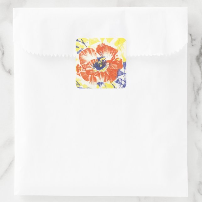 Poppy Burst Bloom Originalkunst Quadratischer Aufkleber (Tasche)