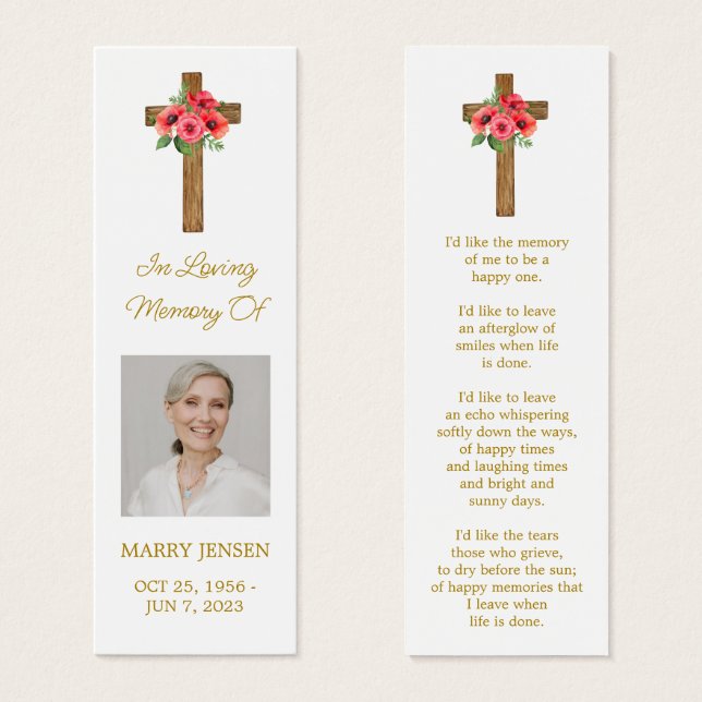 Poppy Cross Photo Funeral Bookmark (Vorne & Hinten)