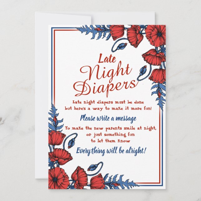 Poppy Floral Baby Dusche Spate Night Diapers Spiel Einladung (Vorderseite)