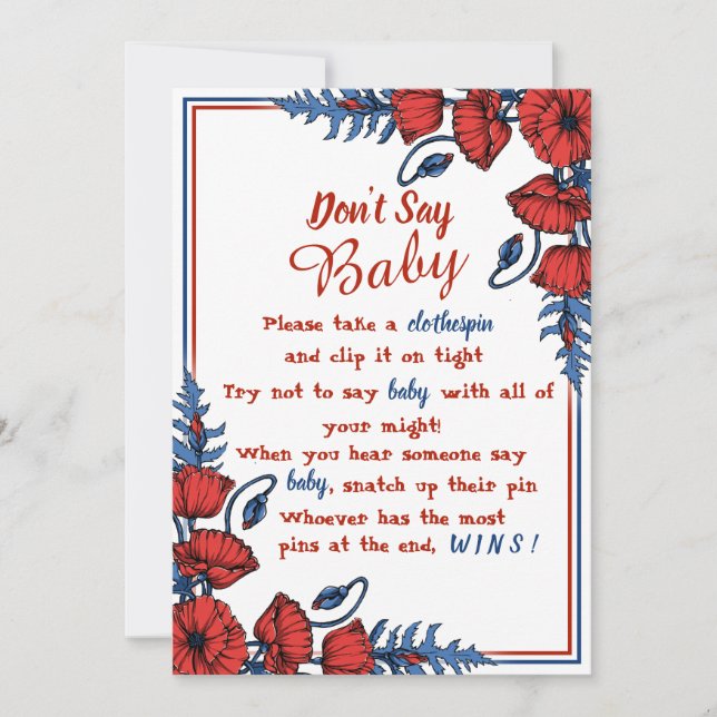 Poppy Floral Baby Shower nicht Say Baby-Zeichen Einladung (Vorderseite)