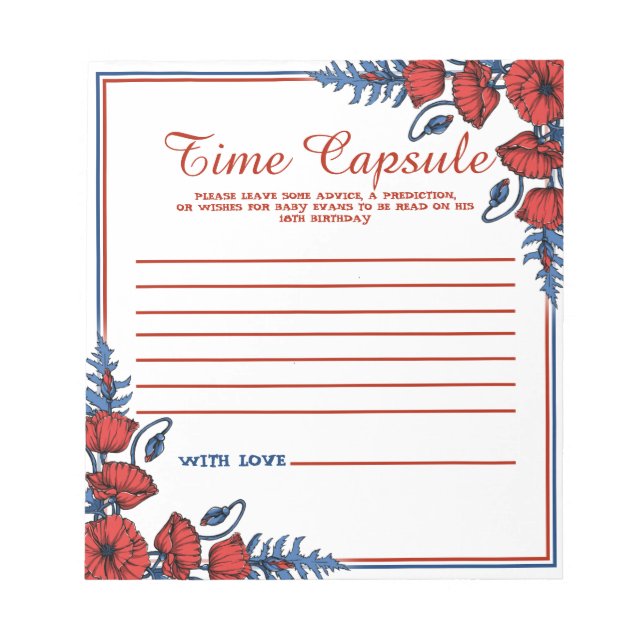 Poppy Floral Baby Shower Time Kapsel Notizblock (Vorderseite)