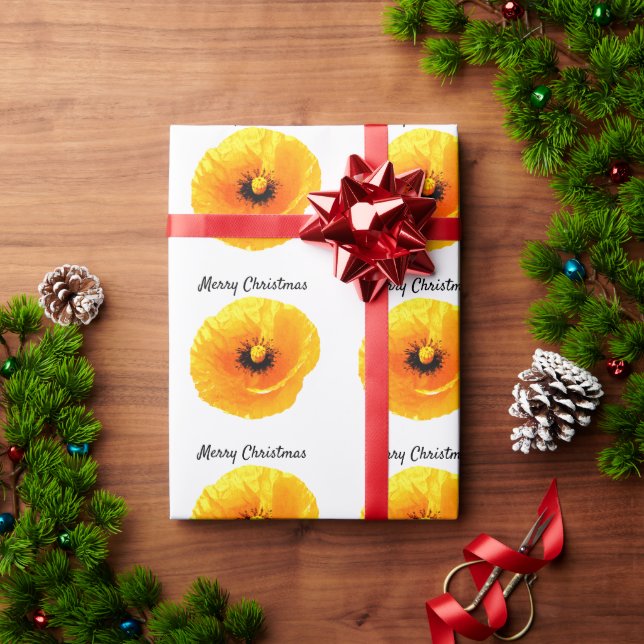 Poppy Floral Blume Muster Frohe Weihnachtsgelb Geschenkpapier (Feiertagsgeschenk)
