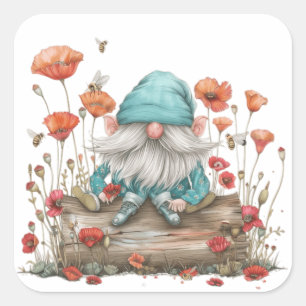 Poppy Floral Gnome Quadratischer Aufkleber