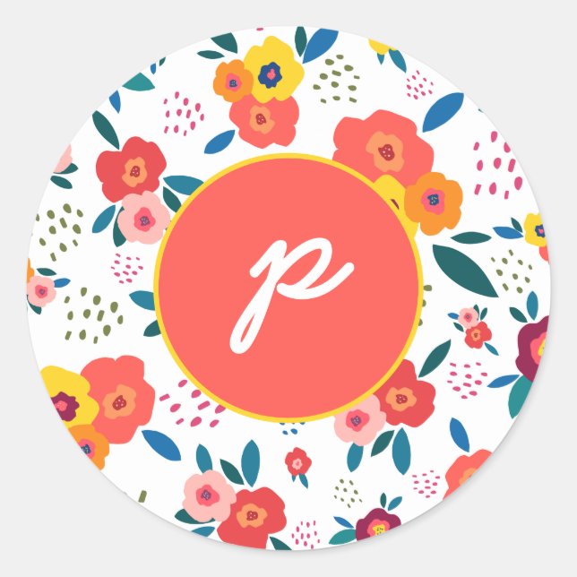 Poppy Floral Muster Coral Script Monogram Runder Aufkleber (Vorderseite)