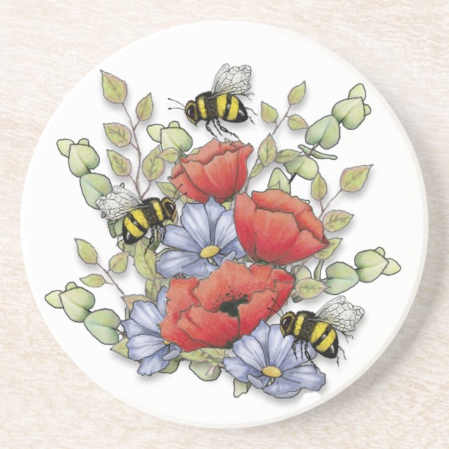 Poppy Flowers and Bees Digital Drawing, Botanical  Getränkeuntersetzer (Vorne)