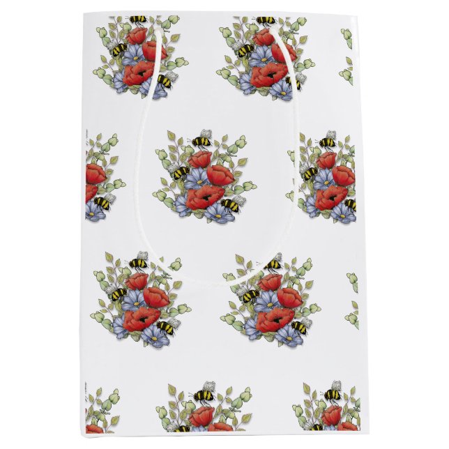 Poppy Flowers and Bees Digital Drawing, Botanical  Mittlere Geschenktüte (Vorderseite)