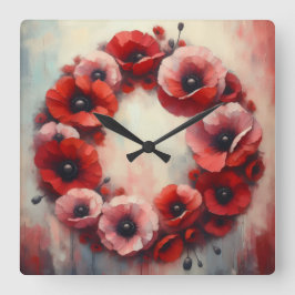 poppy flowers wreath quadratische wanduhr