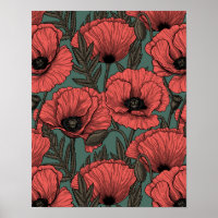 Poppy garden in coral, brown and pine green