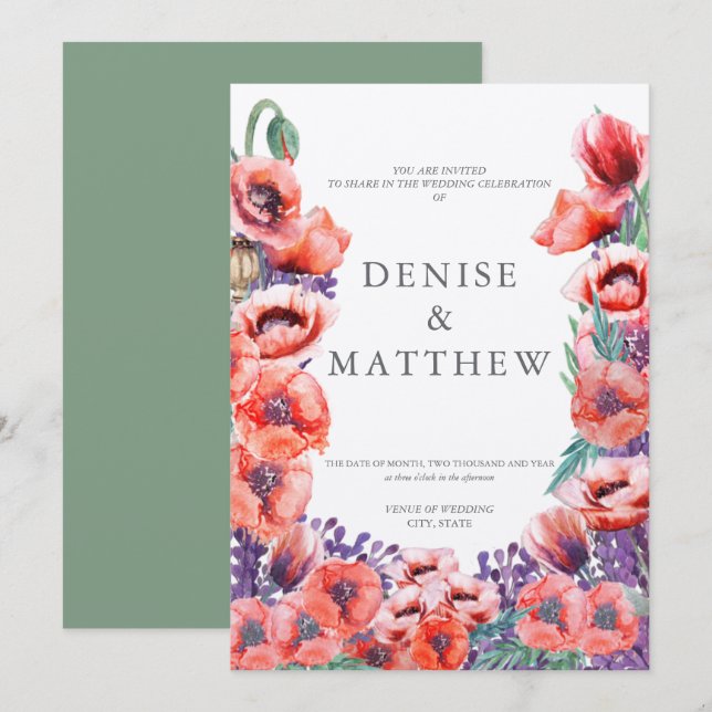 Poppy Hochzeit Einladung mit Basil Back (Vorne/Hinten)