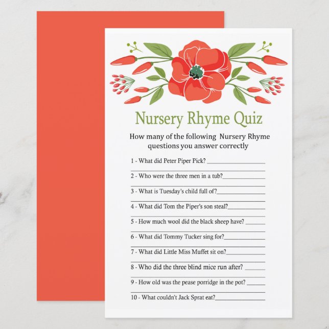 Poppy Kinderzimmer Rhyme Quiz Babyduschspiel (Vorne/Hinten)