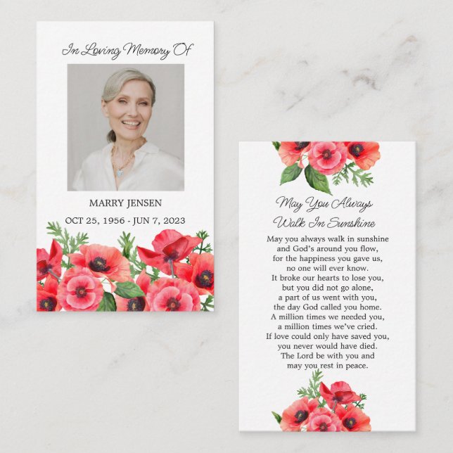 Poppy Memorial Photo Funeral Prayer Card Visitenkarte (Vorne/Hinten)