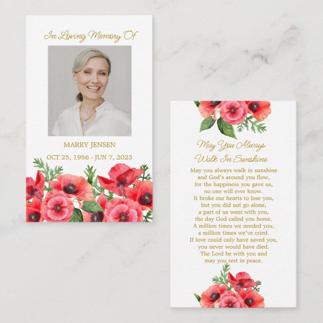 Poppy Memorial Photo Funeral Prayer Card Visitenkarte (Vorne/Hinten)
