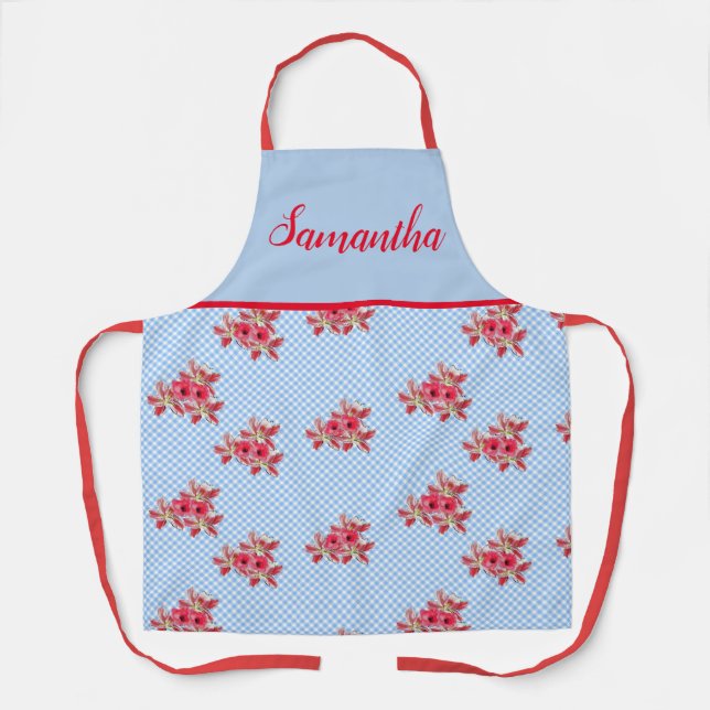 Poppy Poppies Red Shabby Chic Blue Gingham Floral Schürze (Vorderseite)