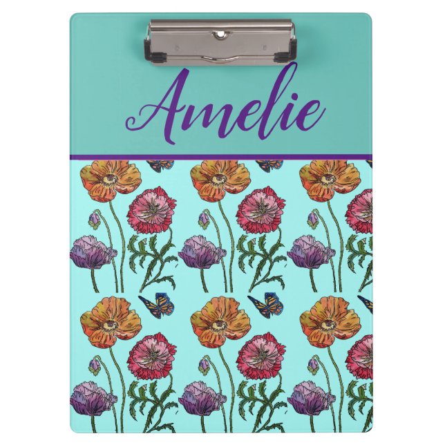 Poppy Poppies Rotes Shabby Chic Aqua Blume Klemmbrett (Vorderseite)