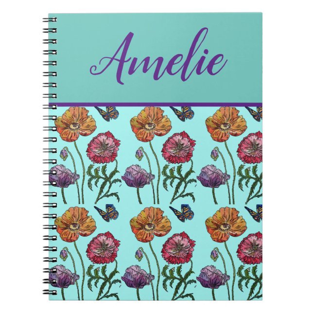 Poppy Poppies Rotes Shabby Chic Aqua Blume Notizblock (Vorderseite)