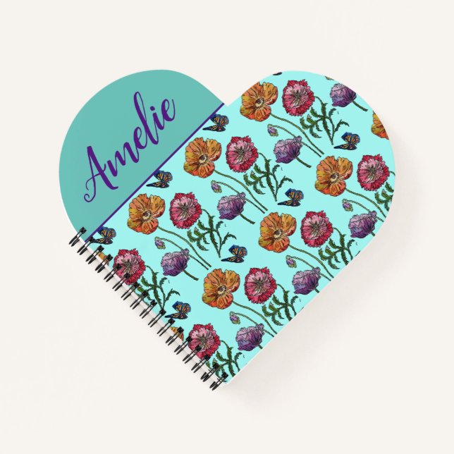 Poppy Poppies Rotes Shabby Chic Aqua Blume Notizbuch (Vorderseite)