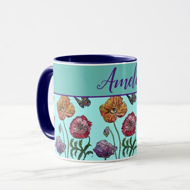 Poppy Poppies Rotes Shabby Chic Aqua Blume Tasse (Vorderseite Links)