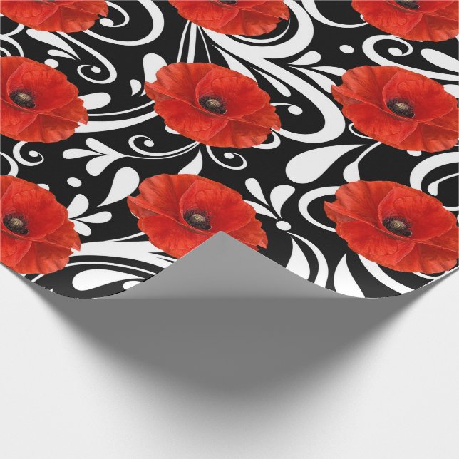 Poppy Red Blume Schwarz-weiß Glam Geschenkpapier (Ecke)