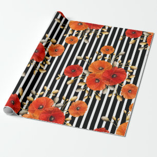 Poppy Rote Blume Schwarz-weiß Glam Streifen Glam V Geschenkpapier