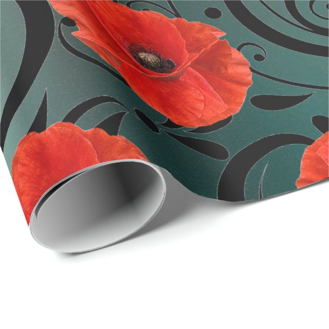 Poppy Rote Blume Schwarzes Glam Glam Streifen Aqua Geschenkpapier (Rolleneckpunkt)