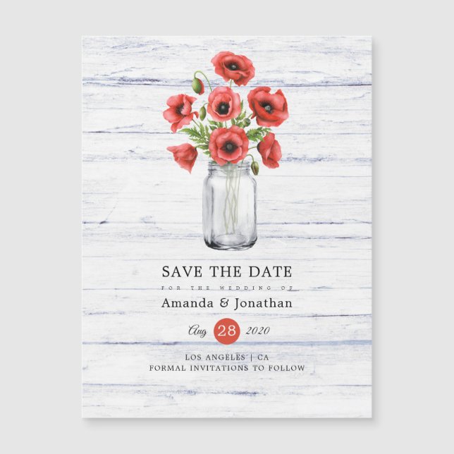 Poppy Rustic Mason Jar Wedding Save the Date Magnetkarte (Vorderseite)