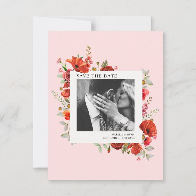 Poppy Wildblumen Pink Wedding Foto Save the Date (Vorderseite)