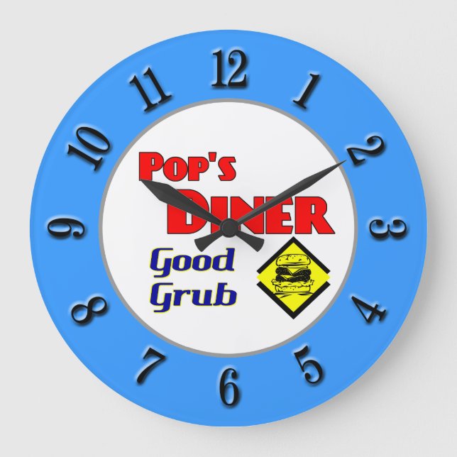 Pops Diner Retro Red Blue Kitchlock Große Wanduhr (Vorderseite)