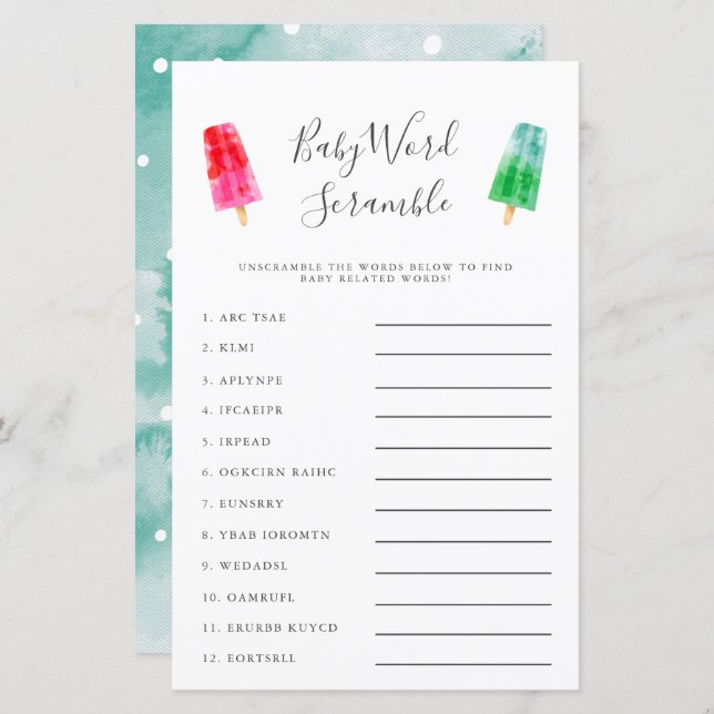 Popsicle Baby Word Scramble Game (Vorne/Hinten)