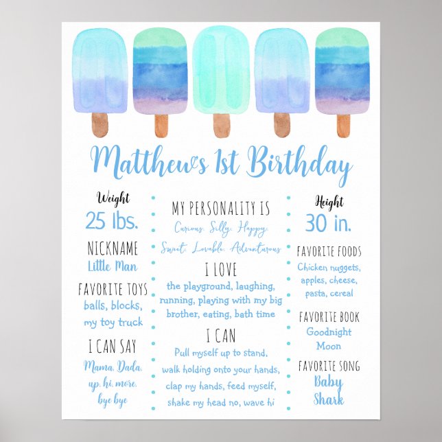 Popsicle Blue Boy Erster Geburtstag Meilenstein Poster (Vorne)