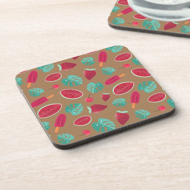 Popsicle, Cherry, Strawberry & Watermelon Blätter Getränkeuntersetzer (Linke Seite)