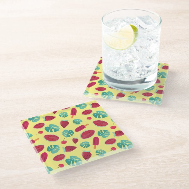 Popsicle, Cherry, Strawberry & Watermelon Blätter Glasuntersetzer (Schrägansicht)