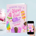 Popsicle Custom Age Girl Super Cool Birthday Karte<br><div class="desc">Personalized Popsicle Birthday Card for a special girl. This colorful design features watercolor popsicles and chocolate dipped ice creams on sticks. The wording reads "wishing you a super cool #th birthday [name]" in whimsical typography and retro hand lettering. The template is set up for you to customize with any age,...</div>