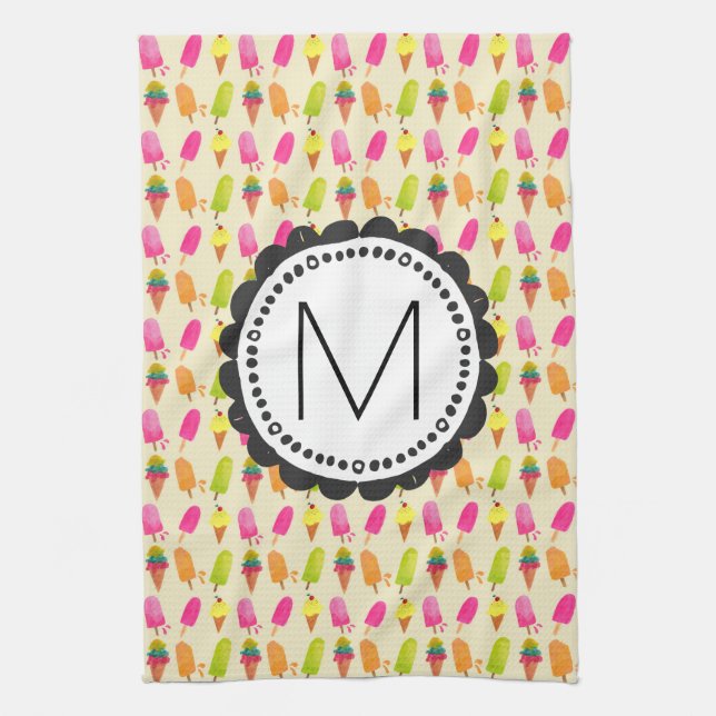 Popsicles and Ice cream cons Custom Monogram Küchentuch (Vertikal)