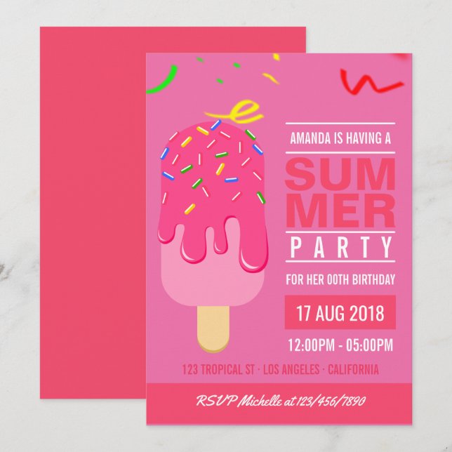 Popsim Summer Girl Birthday Party einladen Einladung (Vorne/Hinten)