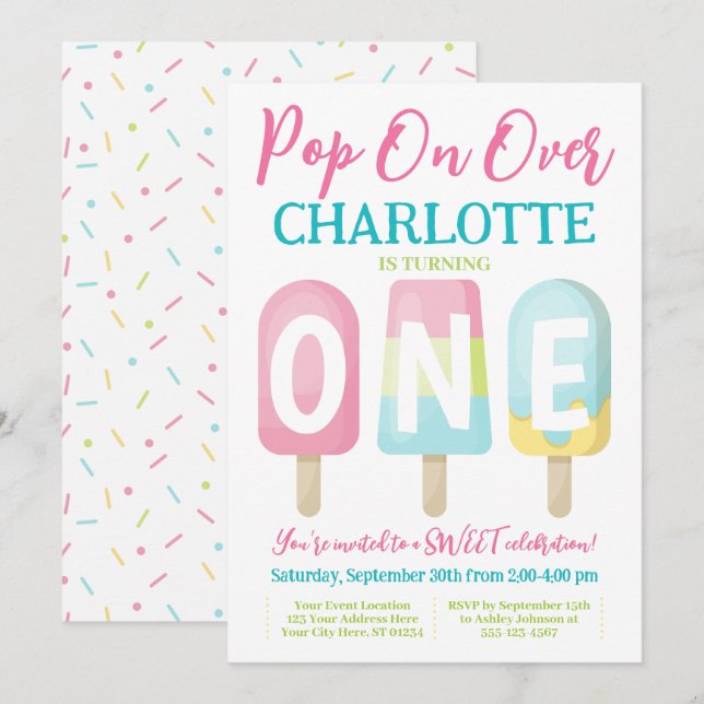 Popsiv 1st Birthday Einladung, Pop on Over Einladung (Vorne/Hinten)