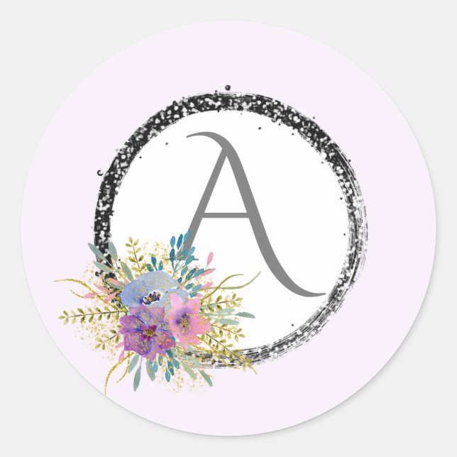 *~* Popular Girly Floral Glitzer Monogram Initial Runder Aufkleber (Vorderseite)