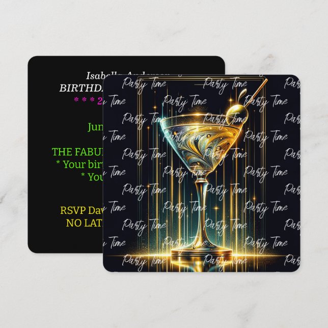 Populäre Neon Party Time Personalisiert Einladung (Vorne/Hinten)