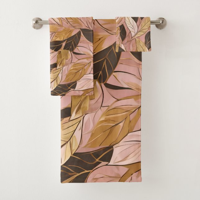 Populäre Schwarz-Pink-Gold-Boho-Blätter-Sammlung Badhandtuch Set (Insitu)