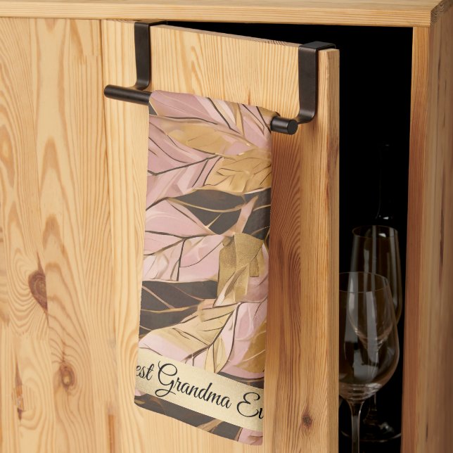 Populäre Schwarz-Pink-Gold-Boho-Blätter-Sammlung Geschirrtuch (Drittel gefaltet)