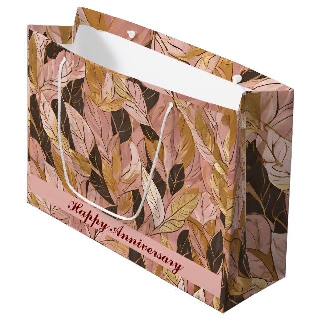 Populäre Schwarz-Pink-Gold-Boho-Blätter-Sammlung Große Geschenktüte (Vorderseite Schrägansicht)