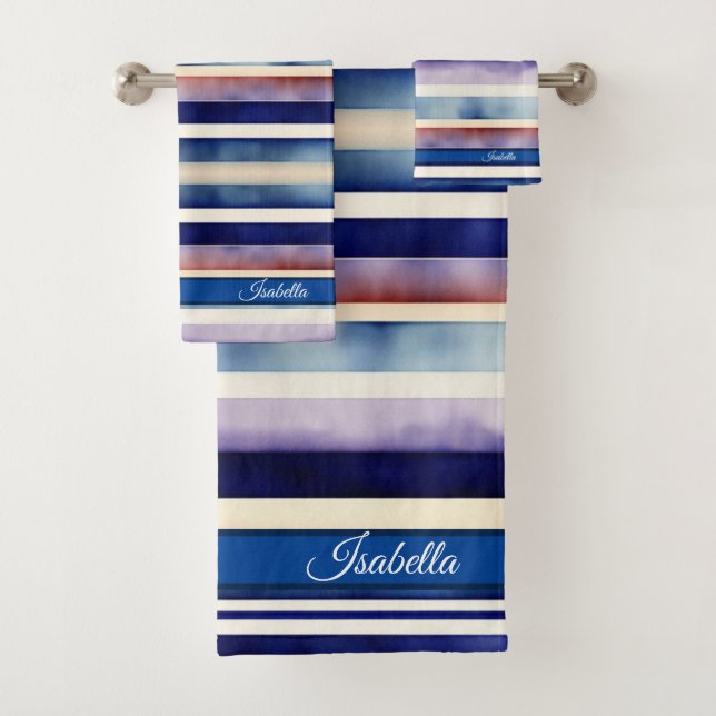 Populäre Summer Navy Blue Boat Stripes Collection Badhandtuch Set (Insitu)