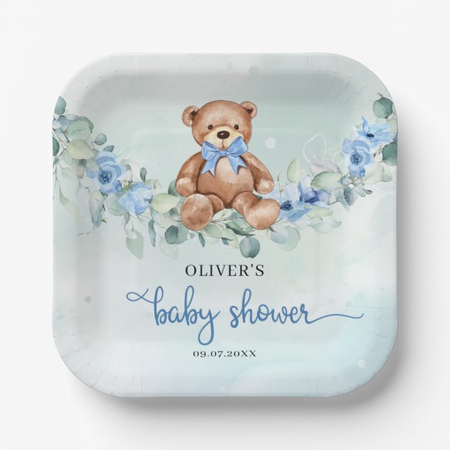 Populäre Teddy Bär dusty blue bluoral eucalyptus Pappteller (Vorderseite)