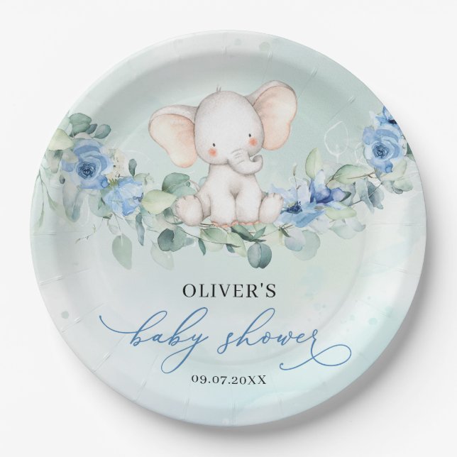 Populärer Elefant dusty blue floral eucalyptus Pappteller (Vorderseite)