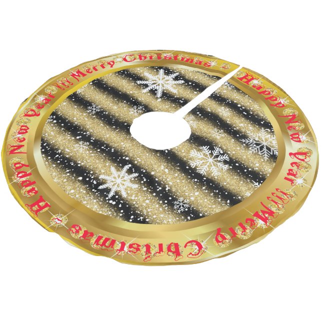 Populärer Snowflake Gold Glitzer Black Polyester Weihnachtsbaumdecke (Schrägansicht)