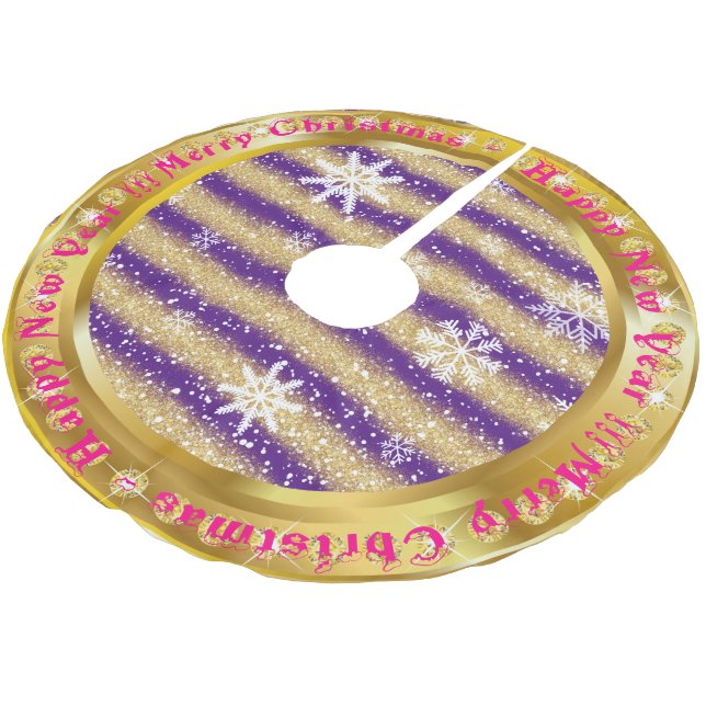 Populärer Snowflake Gold Glitzer Lila Polyester Weihnachtsbaumdecke (Schrägansicht)